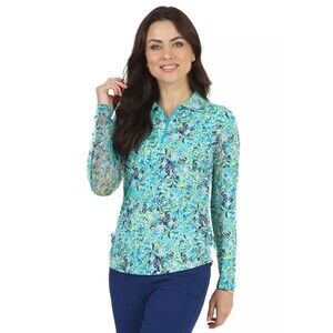 IBKUL Marissa Print Long Sleeve Golf Polo Turquoise/Navy XS Sun Shirt Mock Neck